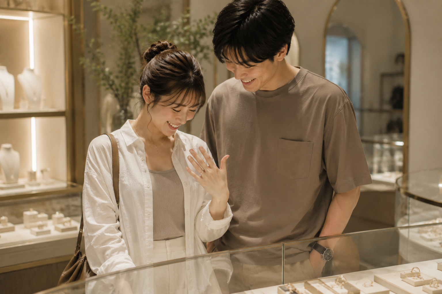 婚約指輪を見つめるカップル