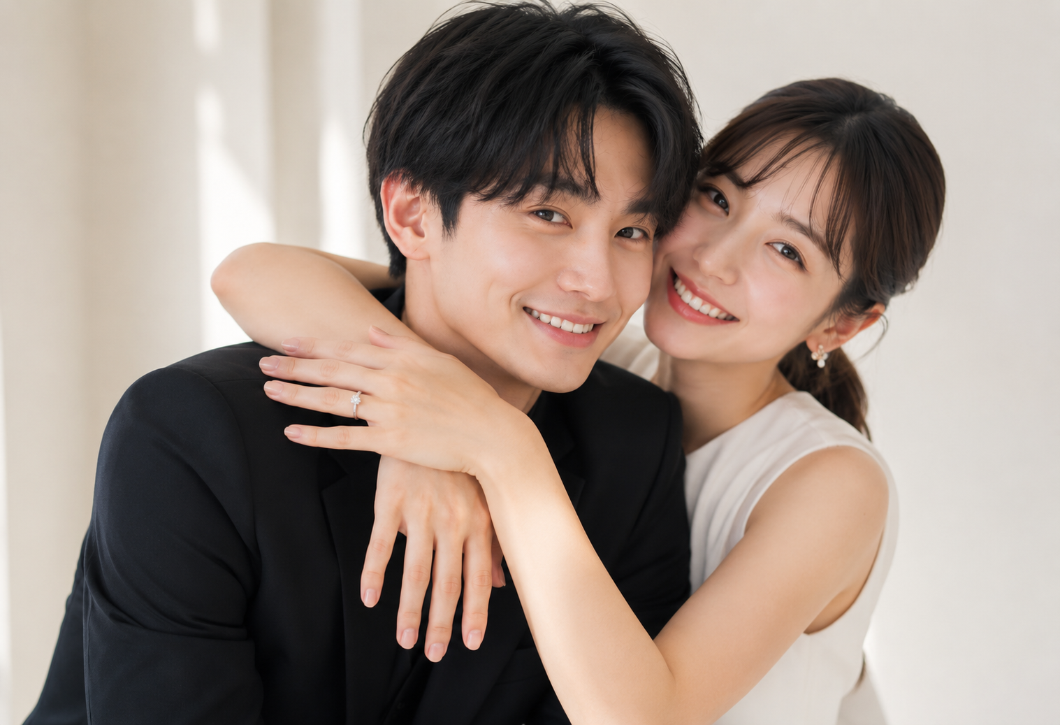 婚約指輪をつけた新郎新婦