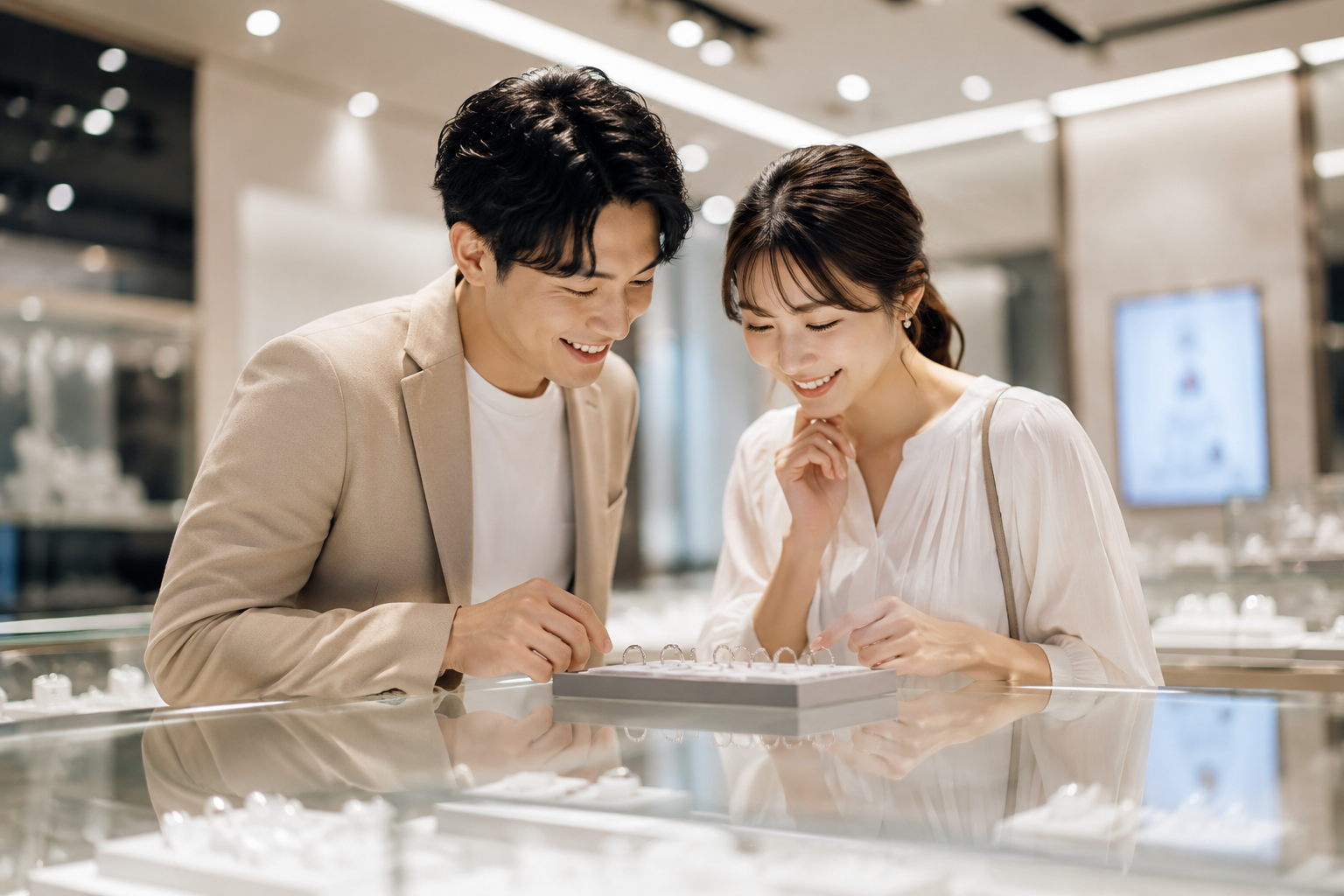 結婚指輪を一緒に選ぶカップル