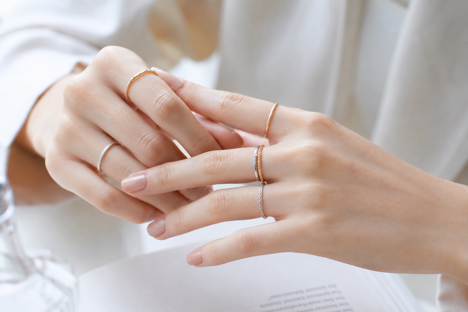 結婚指輪とファッションリングを重ね付けした手元