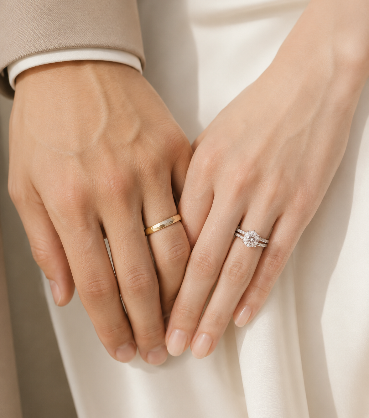 婚約指輪と結婚指輪を重ね付けした手元